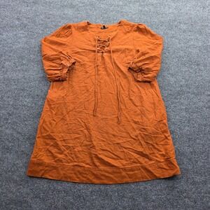 Who What Wear Dress M Burnt Orange Linen Blend Lace Up Tunic Puff Sleeve Womens